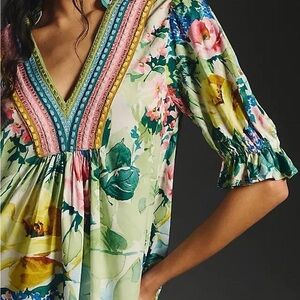 Anthropologie Floral V-Neck Blouse - Green, Pink, Yellow